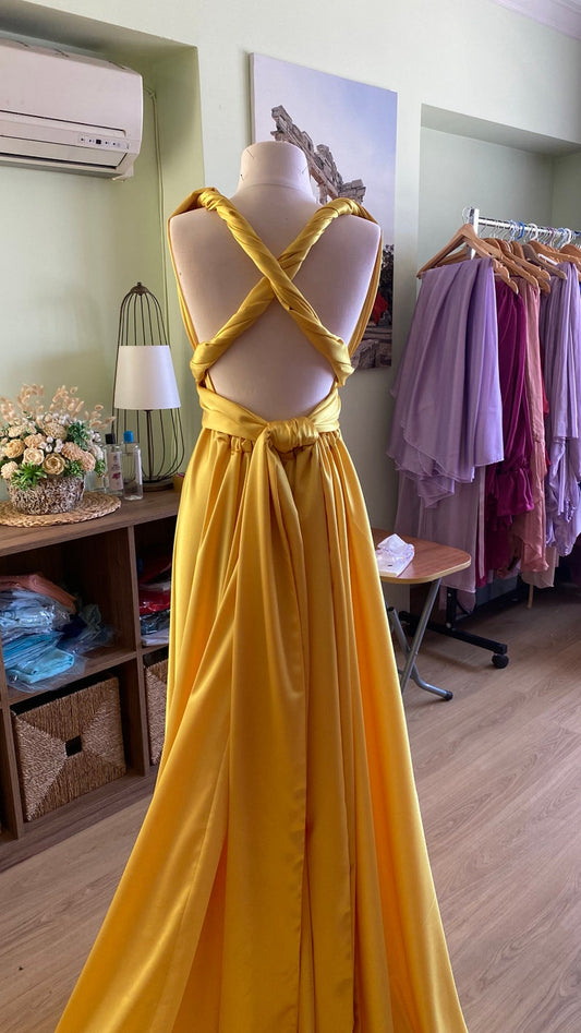 unique yellow dress criss cross back satin dress silk dress